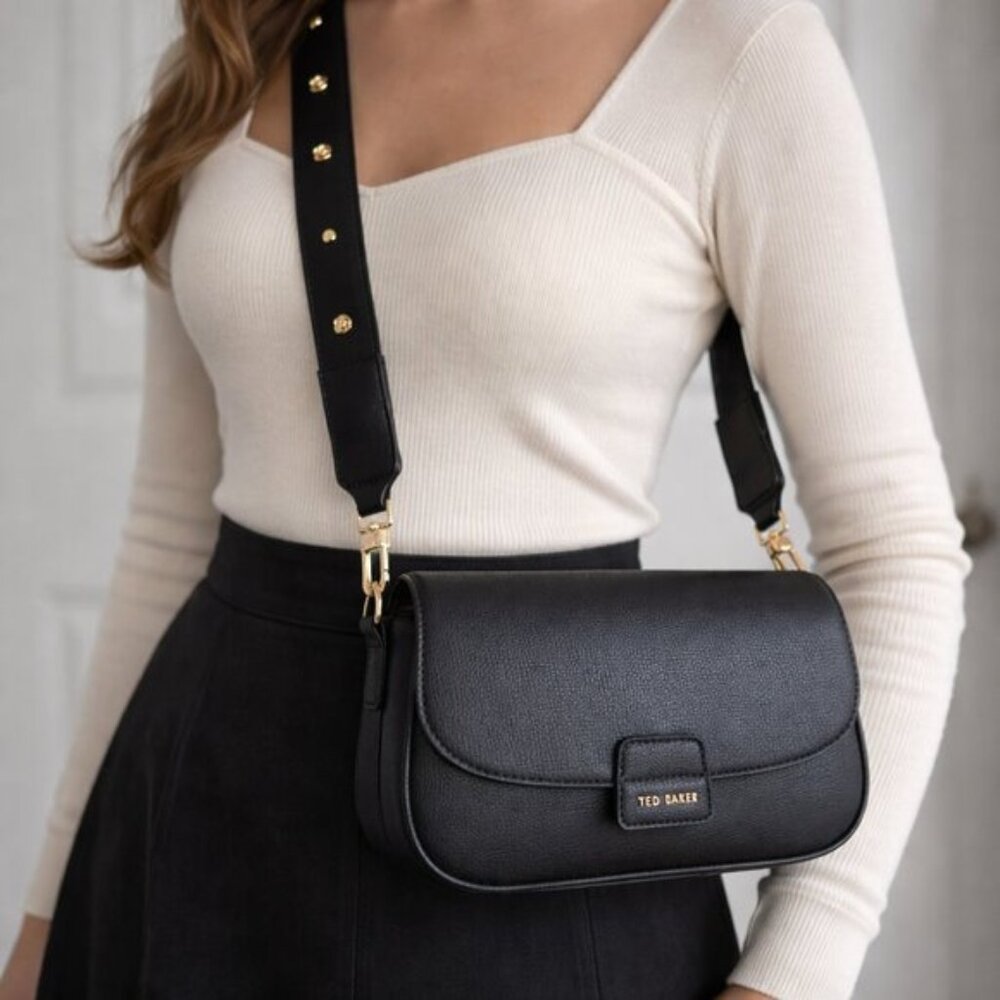 Ted Baker Black Rory Leather Magnetic Snap Closure Crossbody Handbag